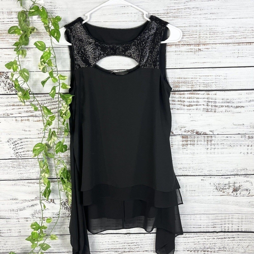 BCBG MaxAzria Tunic Top size XXS Black Sequins Cocktail Wedding Evening Disco